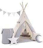 RAINBOW KIDS - Tipi Zelt für Kinder | Neu Tippi Kinderzelt, mit Decke, 4 Kissen , Wimpelkette, Spielzeugkorb für Outdoor- und Indoor-Kinderspaß, Handgefertigt Grauer Wolf mit Zubehör