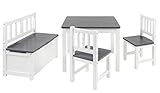 BOMI Kindermöbel Tisch und Stühle | Kindertruhenbank aus Kiefer Massiv Holz | Kindersitzgruppe für Kleinkinder, Mädchen und Jungen in Grau