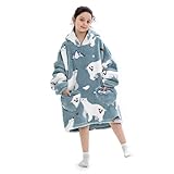 Adisputent Übergroße Hoodie Blanket für Kinder, Junge Mädchen Flanell Sweatshirt Decke Kuschelpullover, Gemütlich Warmer Pullover Tragbare Decke TV-Decke mit Größer Tasche Eisbär