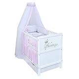 Baby Delux Babybett Komplett Set Kinderbett umbaubar zum Juniorbett weiß 120x60 Schublade Bettset Stickerei Matratze Princess