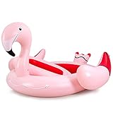 COSTWAY Aufblasbare Flamingo Schwimminsel für 4-6 Personen, Riesen Badeinsel mit Schwimmring, Luftpumpe & 6 Getränkehaltern, Island Lounge Luftmatratze 480kg Tragkraft 320x308x175cm