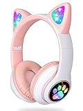 Kinder Kopfhörer, Mädchen Katzenohr Kopfhörer Over-Ear mit LED-licht Faltbare Stereo Kopfhörer Bluetooth,Kabellose Kopfhörer Kinder mit Mikrofon,Micro SD/TF,für Tablet/Handy/PC(Pink)