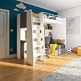 Marlux Meble Hochbett JSM-7 90x200 TREPPE Links mit Schreibtisch Schränke und Ausklappbares Sofa 70x180 Matt Funktionsbett Etagenbett Stockbett Kinderhochbett Jugendhochbett (Graphit Matt)