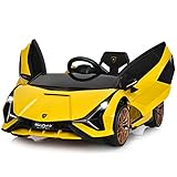 COSTWAY 12V Lamborghini Kinder Elektroauto mit 2,4G-Fernbedienung, Kinderauto 3-5km/h mit MP3, Radio, Musik und LED-Scheinwerfer, für Kinder von 3-8 Jahren (Gelb)