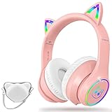 LOBKIN Bluetooth 5.1 Kinder Kopfhörer mit Tasche - RGB LED-licht Katzenohren Faltbare Stereo Headset Unterstützung Kabellos und 3.5mm Kabel - Kinderkopfhörer auf Ohr für Mädchen Jungs Kleinkind