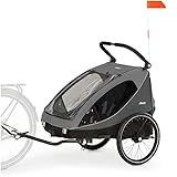 Hauck Fahrrad Anhänger 2 Kinder Dryk Duo inkl. Deichsel, Buggyrad und Fahne, Klappbar, Groß, XL Stauraum, Einfache Befestigung am Fahrrad, Nutzung als Buggy, Grau