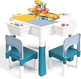 FAYDUDU 5 in 1 Kinder Tisch Stuhl Set Kindertisch und 2 Stühle mit 120 Stück Bausteine für Jungen und Mädchen Kindertisch mit Stühle Plastik (Blau)