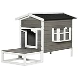 Pawhut Katzenhaus Katzenhütte Katzenhöhle Kleintierhaus mit Terrasse und Balkon für Katzen Hunde Tannenholz Grau + Weiß 115 x 66,5 x 74,7 cm