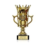 Goldener Pokal mit Gravur - Geschenk individuell personalisiert für Frauen und Männer - Siegerfigur mit Champion Emblem 22,5 cm hoch | Krone Pokal Champion mit Wunschtext | Kollegengeschenk (Krone)