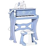 HOMCOM Kinder Klavier 37 Tasten Mini-Klavier Piano Keyboard mit Hocker und 22 Demo-Songs zum Abspielen aus ABS Musikinstrument MP3 USB inkl. Alter von 3-6 Jahren Weiß+Blau 48 x 39 x 69 cm