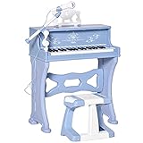 HOMCOM Kinder Klavier 37 Tasten Mini-Klavier Piano Keyboard mit Hocker und 22 Demo-Songs zum Abspielen aus ABS Musikinstrument MP3 USB inkl. Alter von 3-6 Jahren Weiß+Blau 48 x 39 x 69 cm