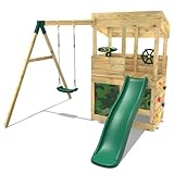 REBO Outdoor Spielturm mit Schaukel, Rutsche aus Holz, Kinder Klettergerüst für den Garten inkl. Ausblicksturm, Höhle, Teleskop, Lenkrad und Kletterwand, Kinderspielplatz 223 x 265 x 202 cm