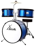 XDrum Junior KIDS Schlagzeug inkl. Schule - Kompaktes Kinderschlagzeug - Für Kinder im Alter von 3-5 Jahren - Kinderleichter Aufbau - Mit Schule, Hocker, Drumsticks & Stimmschlüssel - Blau