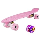 hausmelo Skateboard Mini Cruiser Retro Board Komplettboard für Anfänger Kinder Jugendliche und Erwachsene, 22 Zoll Komplett Board 57x16cm mit ABEC-7 Kugellager, LED PU Leuchtrollen, T-Tool (Hellrosa)