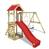 WICKEY Spielturm Klettergerüst FreeFlyer mit Schaukel & roter Rutsche, Outdoor Kinder Kletterturm mit Sandkasten, Leiter & Spiel-Zubehör für den Garten