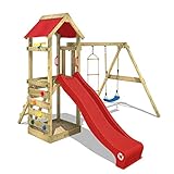 WICKEY Spielturm Klettergerüst FreeFlyer mit Schaukel & roter Rutsche, Outdoor Kinder Kletterturm mit Sandkasten, Leiter & Spiel-Zubehör für den Garten