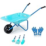 Colwelt Kinder Schubkarre Set Metall, 6-teilig, Metall Kinderschubkarre für den Garten mit Metall-Gießkanne, Schaufel, Rechen, Gabel und Kinderhandschuhen, Kinder Gartengeräte Set (Blau)