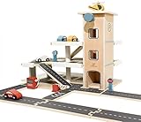 Little Log Parkgarage aus Holz Auto Parkhaus Garage mit Zubehör, Spielgarage mit Lift, Hubschrauber (70 x 50 x 36.5 cm)