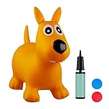 Relaxdays 10024990_48, gelb Hüpftier Hund, inklusive Luftpumpe, Hüpfhund bis 50 kg, Hopser BPA frei, für Kinder, Hüpfspielzeug, 50 x 26 x 60 cm