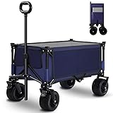 Dametay Bollerwagen faltbar Strandwagen Faltwagen Handwagen Gummireifen klappbarer 100kg Transportwagen Gartenwagen für alle Gelände mit Getränkehalter Blau