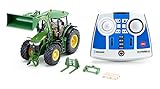 siku 6795, John Deere 7310R Traktor mit Frontlader, Grün, Metall/Kunststoff, 1:32, Ferngesteuert, Inkl. Bluetooth-Fernsteuerung und Zubehör, Steuerung via App möglich