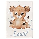 Personalisierte Babydecke Kinderdecke mit Löwenjunge, Name und Motivfarbe | Individuelle Baby Decke Namensdecke mit Löwe und kleinen Herzen (Lion small Hearts)