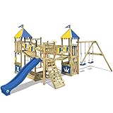 WICKEY Spielturm Ritterburg Smart Queen mit Schaukel, blau-gelber Plane & Blauer Rutsche, Outdoor Kinder Kletterturm mit Sandkasten, Leiter & Spiel-Zubehör für den Garten