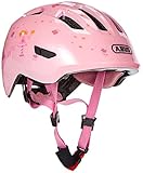 ABUS Kinderhelm Smiley 3.0 - Fahrradhelm mit tiefer Passform, kindergerechten Designs & Platz für einen Zopf - für Mädchen und Jungs - Rosa mit Prinzessinen-Muster, Größe M