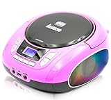 Lauson NXT965 Tragbarer CD-Player USB | LED-Discolichter | CD-Radio Boombox | CD Player, Kinder Radio mit Cd und USB, Stereoanlage, LCD-Display, Netz & Batterie, Pink, Rose