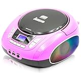 Lauson NXT965 Tragbarer CD-Player USB | LED-Discolichter | CD-Radio Boombox | CD Player, Kinder Radio mit Cd und USB, Stereoanlage, LCD-Display, Netz & Batterie, Pink, Rose