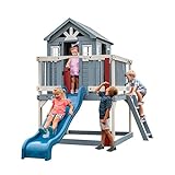 Backyard Discover Spielhaus Beacon Heights mit Blauer Rutsche, Sandkasten & Veranda | Stelzenhaus in Blau & Weiß aus Holz für Kinder | Spielturm für den Garten
