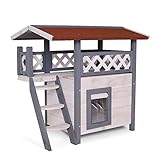 lionto Katzenhaus Lodge Holz für Katzen mit Terrasse und Treppe 77x50x73 cm grau/weiß
