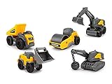 Dickie Toys 203722008 Volvo Micro Workers, 5er Spielzeugset, Bagger, Baustelle, Set Baufahrzeuge, Baustellenauto Kinder, Baustellenfahrzeuge, Geschenkset, für Kinder ab 3 Jahren, gelb/grau