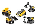 Dickie Toys 203722008 Volvo Micro Workers, 5er Spielzeugset, Bagger, Baustelle, Set Baufahrzeuge, Baustellenauto Kinder, Baustellenfahrzeuge, Geschenkset, für Kinder ab 3 Jahren, gelb/grau