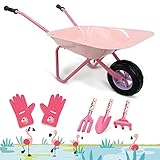 Hortem 5PCS Kinder Schubkarre Set, Metallkonstruktion Kinder Radlauf und Kinder Gartengeräte, Kinder Gartenhandschuh, Geschenke für Kinder (Pink)