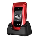 GSM Simlockfreie Seniorenhandy Klapphandy ohne Vertrag,Großtasten Mobiltelefon SOS Notruffunktion,Taschenlampe,FM Radio,2.4 Zoll Dual Display Einfach Handy für Senioren (Rot)(mit Ladestation)