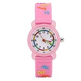 Kinder Cartoon Uhr, Briefmuster wasserdichte Kinder Armbanduhr PU Armband Armbanduhr für Kinder Kleinkind Jungen Mädchen 3-12 Jahre alt(Rosa)