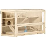 PawHut Kleintierkäfig Nagerkäfig Hamsterkäfig mit Rampe Wippe Mäusekäfig Oben aufklappbar Käfig abnehmbare Bodenwanne Tannenholz PS Natur 115 x 60 x 55 cm