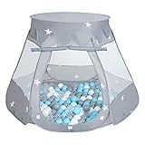 SELONIS Baby Spielzelt Mit Plastikbällen Zelt 105X90cm/100 Bälle Plastikkugel Kinder, Grau:Grau-Weiß-Transparent-Babyblau