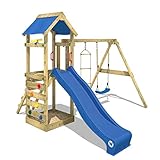 WICKEY Spielturm Klettergerüst FreeFlyer mit Schaukel & Blauer Rutsche, Outdoor Kinder Kletterturm mit Sandkasten, Leiter & Spiel-Zubehör für den Garten