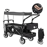 Miweba Bollerwagen MB-20 für Kinder - Faltbar Bollerwagen - 2X 3-Punkt Gurtsystem - Feststellbremse - Hartgummireifen - Sonnendach mit UV Schutz (LSF25) - Zuladung bis 100 Kg (Schwarz / Grau)