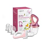 Luxior Fruchtsauger Baby Set rosa/violett / 2 Fruchtsauger für Baby + 6 Aufsätze/Schnuller zum Befüllen mit Obst, Gemüse & Baby Essen/Fruchtsauger Baby ab 3 Monate/BPA-freie Zahnungshilfe