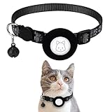 Airtag Katzenhalsband, Apple Air Tag Katzenhalsband mit Sicherheitsschnalle und Glocke, Reflektierendes Katzenhalsband in 1cm Breite mit Airtag Halterung für Katzen Welpen Kätzchen (Schwarz)