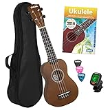 CASCHA Sopran Ukulele Set für Kinder und Erwachsene I Ukulele Starter Kit mit 3 Plektren Tasche Lehrbuch Lernvideos über QR-Code Stimmgerät I Set Aquila Saiten Nylon I Kleine Hawaii Gitarre Braun