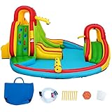 COSTWAY Hüpfburg aufblasbar mit 2 Rutschen, Wasserrutsche Spielpool, Springburg Wasserpark Planschbecken mit Kletterwand, Basketballring, Wasserspielplatz mit Tasche 460x420x233cm