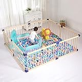 Dripex Laufgitter Baby Laufstall XXL Absperrgitter Kinder 4-Eckig Holzgitter mit Tür Schutzgitter 184 x 204 CM Spielzaun aus natürliches Holz Krabbelgitter für Indoor Outdoor