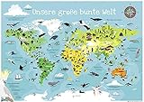 Close Up Kinder Weltkarte XXL Poster - Unsere große Bunte Welt 140 x 100 cm - handgezeichnete und kolorierte Panorama Kinderweltkarte