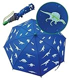 HECKBO Dino Dinosaurier Magic Kinder Jungen Regenschirm – wechselt bei Regen die Farbe – Faltregenschirm: passt in jeden Schulranzen – 360° Reflektoren – Holzgriff, Schutzkappen & Schutzhülle