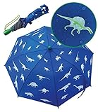 HECKBO Dino Dinosaurier Magic Kinder Jungen Regenschirm – wechselt bei Regen die Farbe – Faltregenschirm: passt in jeden Schulranzen – 360° Reflektoren – Holzgriff, Schutzkappen & Schutzhülle