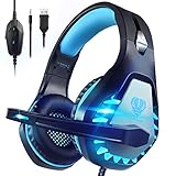 Pacrate Gaming Headset für PC, PS4, PS5, Xbox One, Xbox Series X, 3.5mm Noise Cancelling Gaming Kopfhörer mit Mikrofon, LED Leuchten und Soft Memory Ohrenschützer(Black Blue)